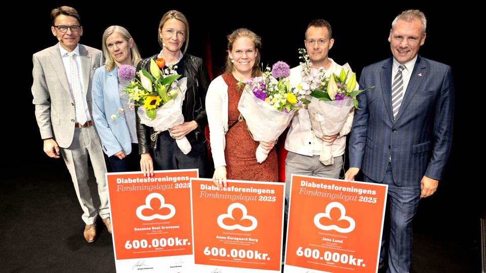 Fra venstre: Formand Jørgen Andersen, forskningschef Tanja Thybo, legatmodtager Susanne Boel Graversen, legatmodtager Anna Korsgaard Berg, legatmodtager Jens Lund, adm. direktør Claus Richter. Fotograf: Nils Meilvang
