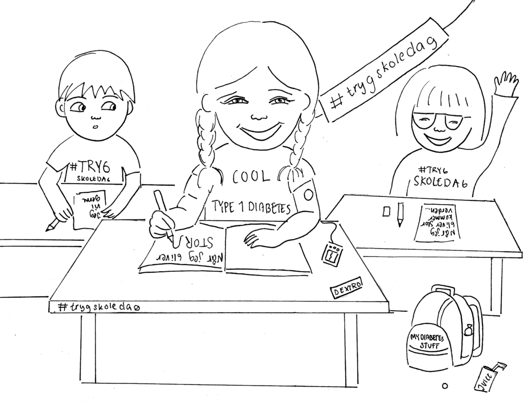 Tegning af børn i en skoleklasse med teksten #Trygskoledage. Det ene barn har sensor på.