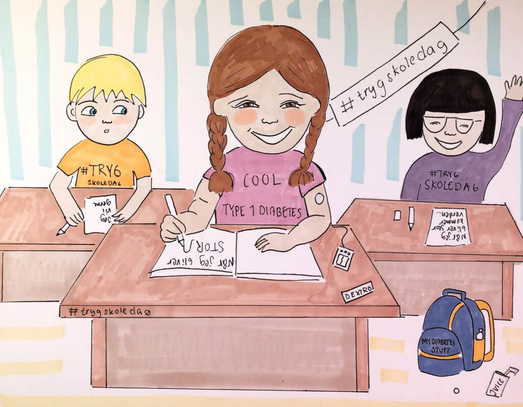 Tegning af børn i en skoleklasse med teksten #Trygskoledage. Det ene barn har sensor på.