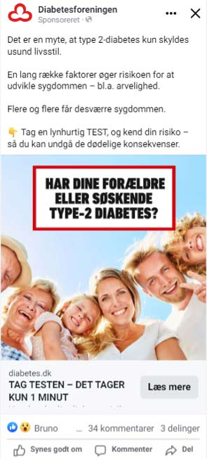 Opslag fra Diabetesforeningens Facebook med et billede af en familie med teksten 'Har dine forældre eller søskende type 2-diabetes?'