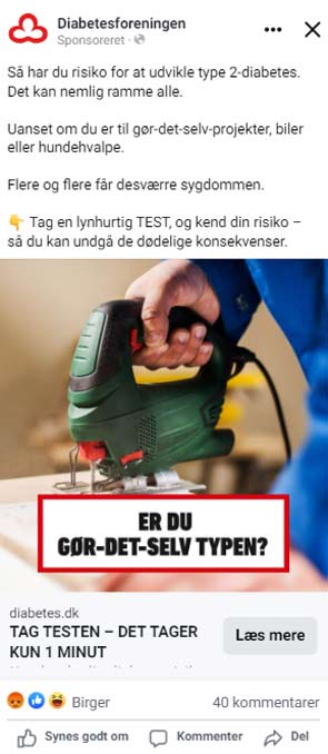 Opslag fra Diabetesforeningens Facebook med et billede af en person, der bruger en stiksav med teksten 'Er du gør-det-selv-typen?'